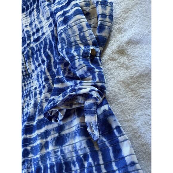 C. D. DANIELS Top 2X Casual Blue Stretch Roll Tab Abstract Striped Button - Picture 12 of 16